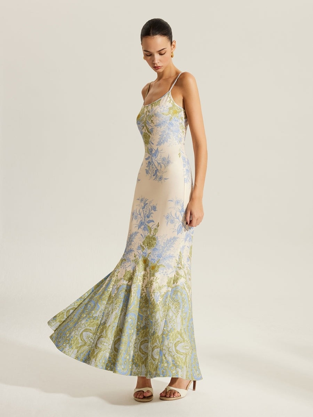 Commense Cream Maxi Dress with Light Blue and Sage Floral Print
